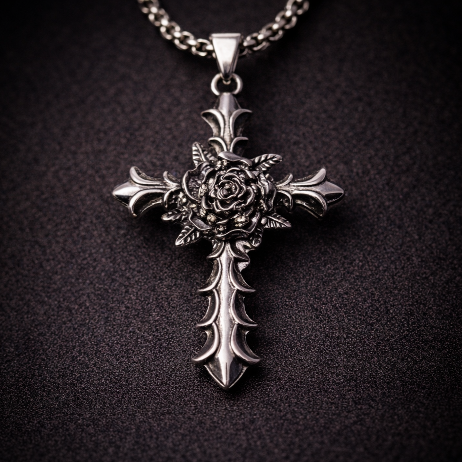 Thorned Bloom Cross Necklace