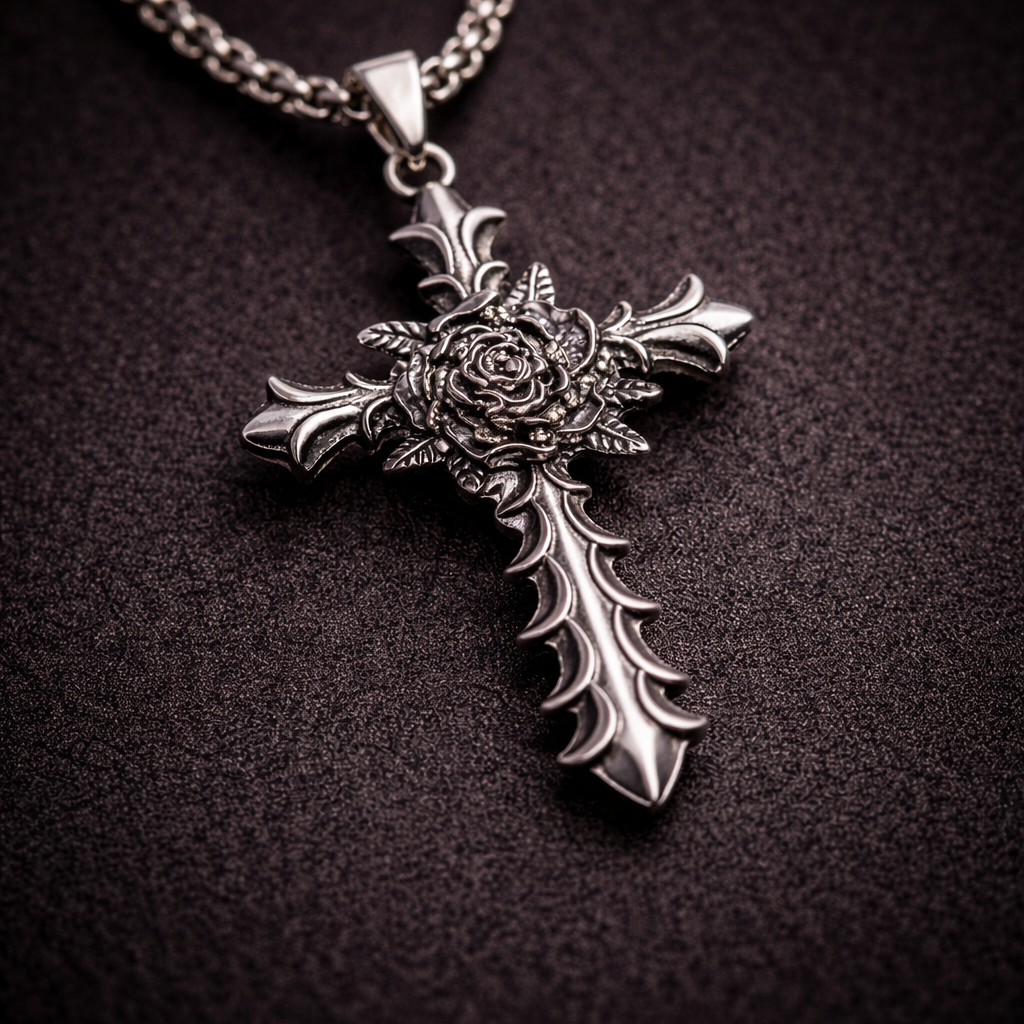 Thorned Bloom Cross Necklace