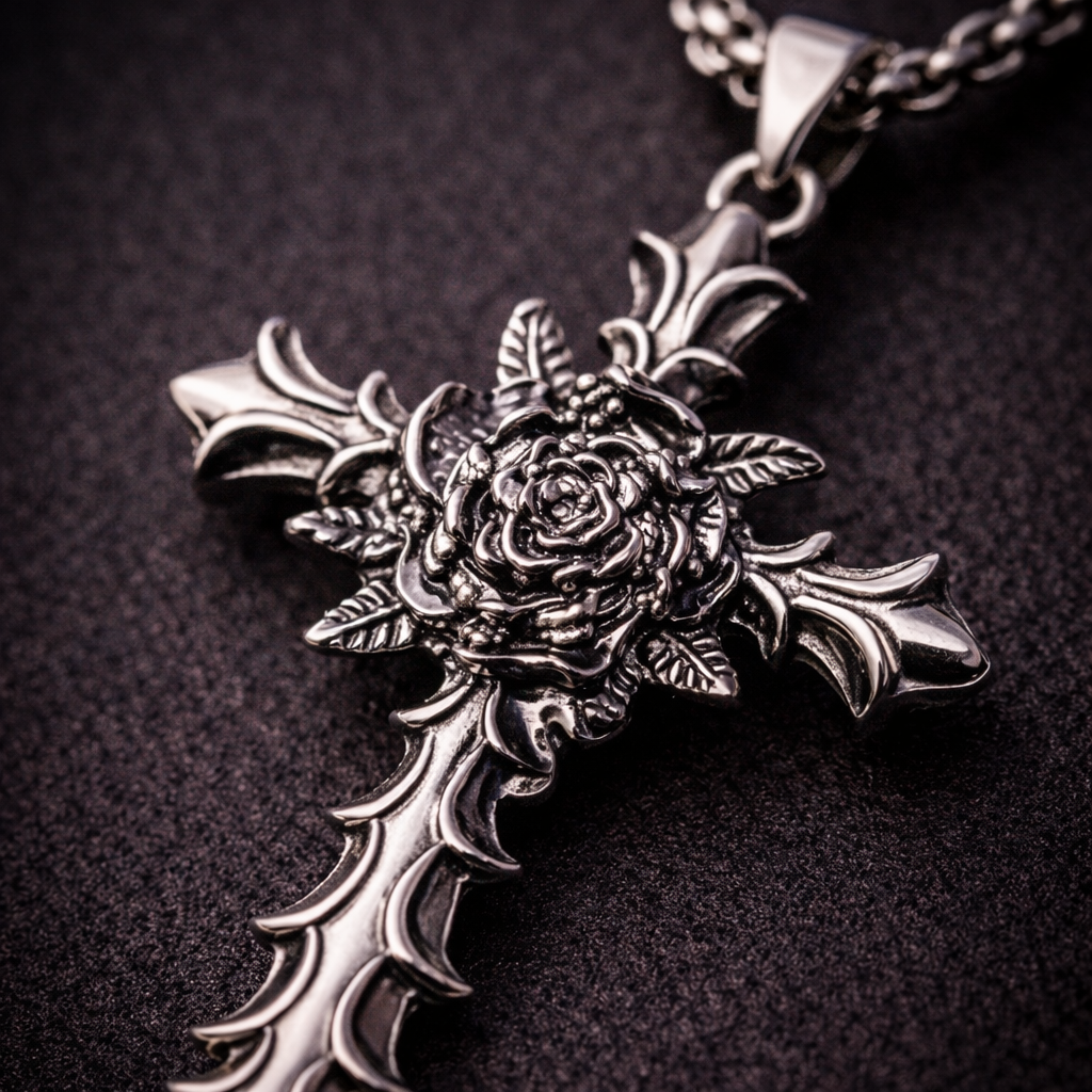 Thorned Bloom Cross Necklace
